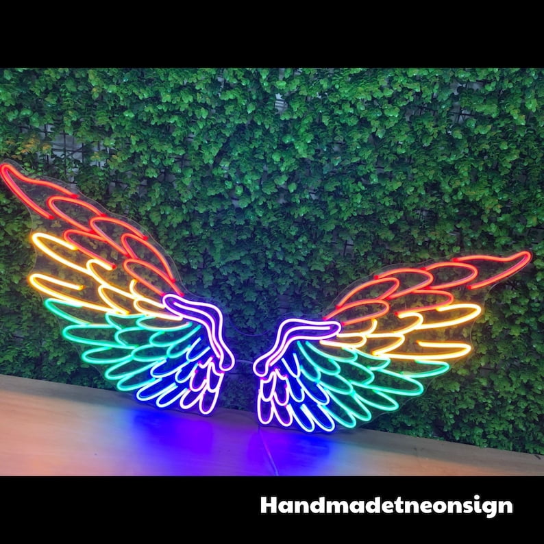 Handmadetneonsign Colorful Wings Neon Sign, Wings Neon Led Light Art Decor, Colorful Wings Wall Decor