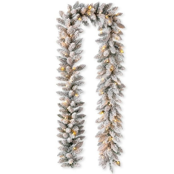 Flocked Pine and Holly Garland with Snowy Finish for Holiday Mantel and Staircase Decor
