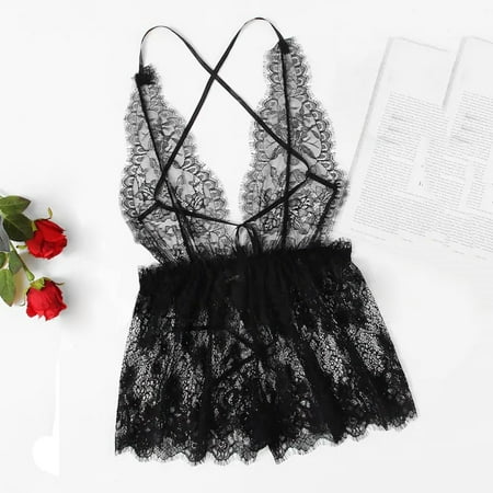 

Babydoll Lingerie For Women Deep V-Neck Lace Sexy Lingerie Bodysuit Backless Teddy Jumpsuit Sleepwear