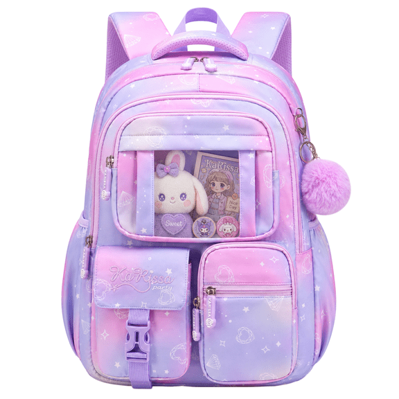 MEHOOM Girls Backpack for School, Kids Bookbag for Girls, Kawaii School Bag with Clear Display Pocket, Large Capacity Elementary Middle School Backpack, Purple Gradient