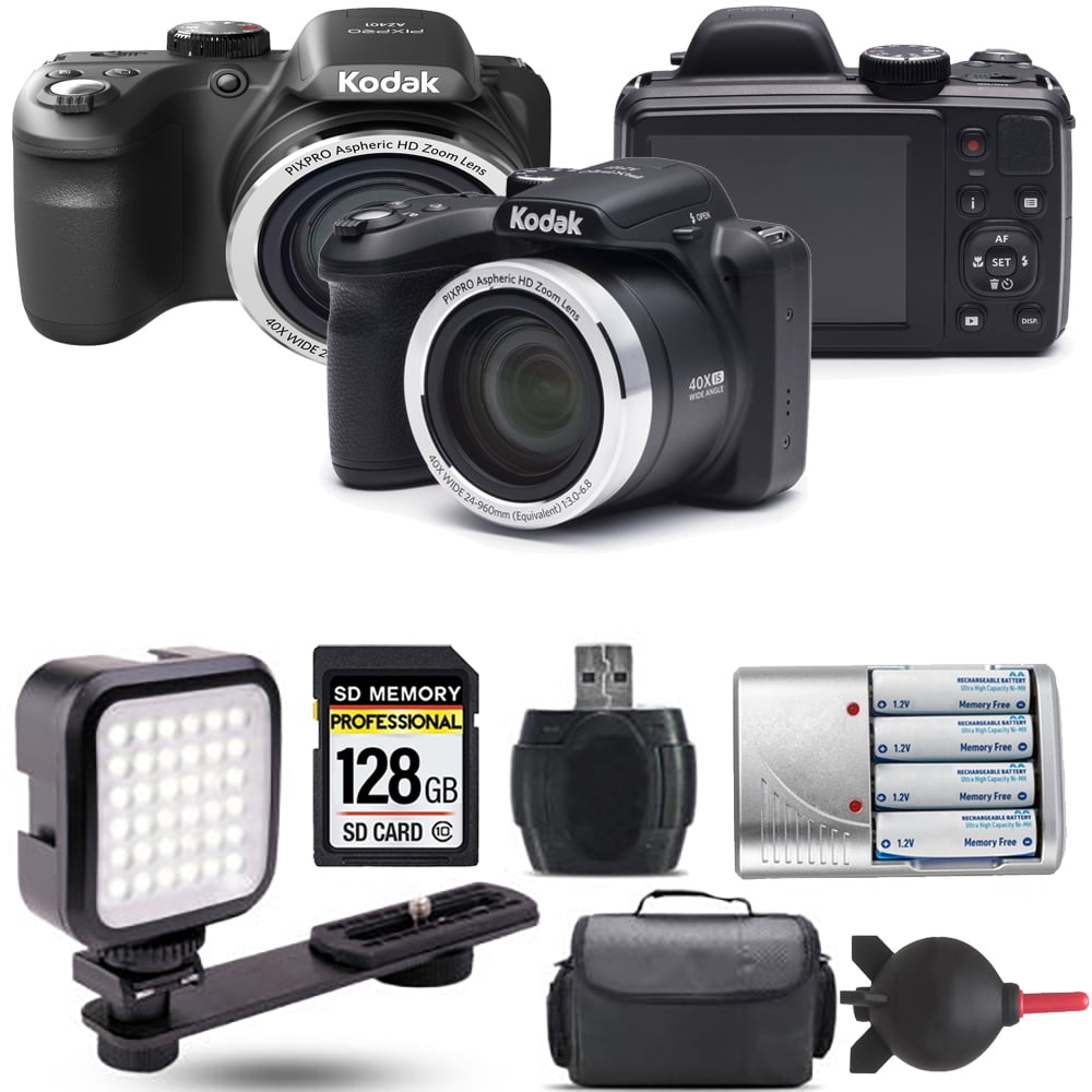 Kodak PIXPRO AZ401 Digital Camera (Black) + Extra Battery + LED 128GB