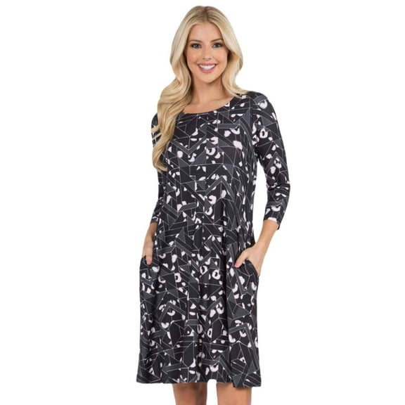 Women's Geometric Cheetah Print Swing Dress with Pockets, Grey, M