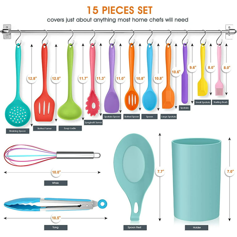 Vesteel 15 Piece Kitchen Utensils Set, Silicone Cooking Utensils with Holder,  Non-Stick Cookware Friendly & Heat Resistant - Colorful 