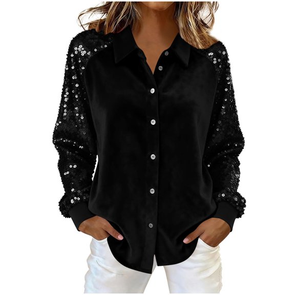 ManxiVoo Sequin Button Down Shirt for Women Long Sleeve Casual Top with Padded Detail Sparkle Blouse for Dinner Out L Size Black