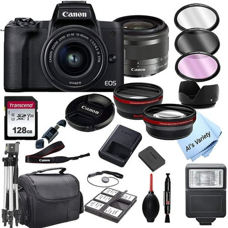 Canon EOS M50 Mark II Mirrorless Digital Camera with 15-45mm Zoom Lens Lens + 128GB Card, Tripod, Case, and More 24pc Bundle