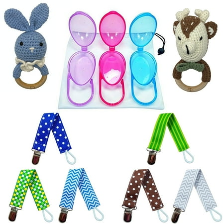 Pacifier Holder Case | 6 Pacifier Clip | 2 Baby Rattles - Boy - Combo