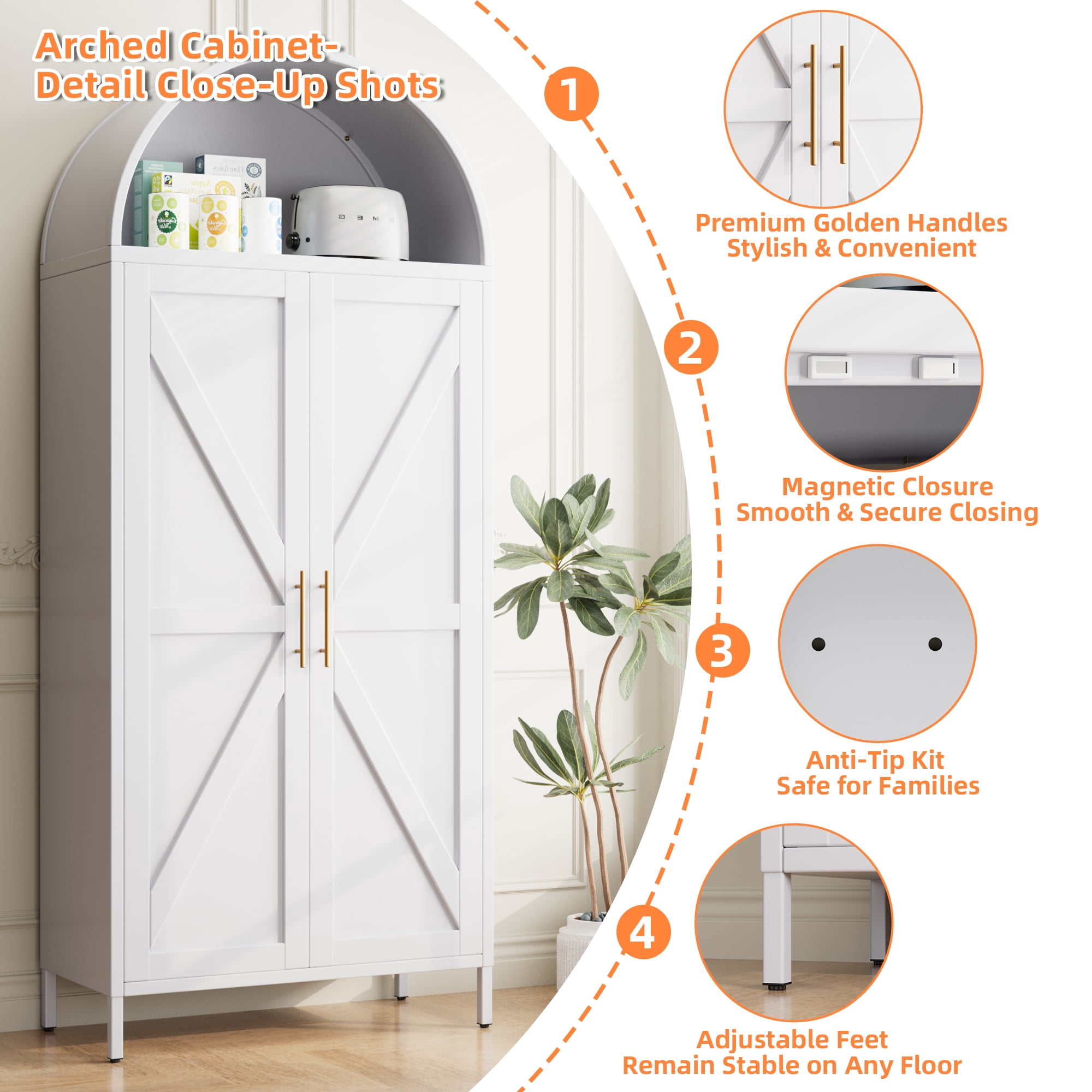 GangMeri 73-inch Tall Arched Kitchen Pantry Storage Cabinet,  Farmhouse Cabinet with Doors and Adjustable Shelves, Tall Freestanding Cupboard for Pantry, Dining Room, Living Room,Garage,Bath(White)