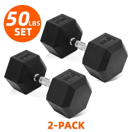 FlexWave Rubber Encased Hex Dumbbell – 10-50 lb, Black, Durable Non-Slip Weights for Home & Gym Workouts