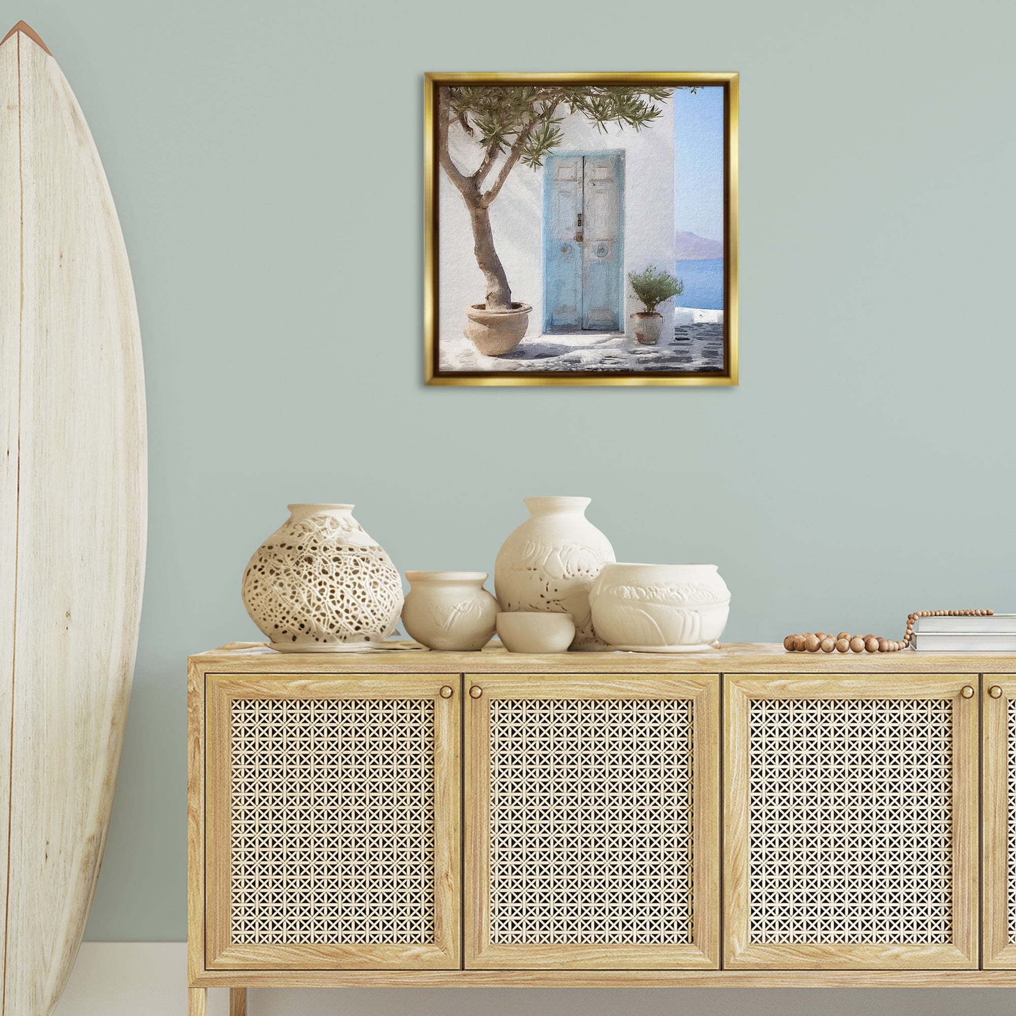 Stupell Industries Coastal Greek Door Town & City Painting Gold Floater Framed Canvas Art Print Wall Art, 25 x 25