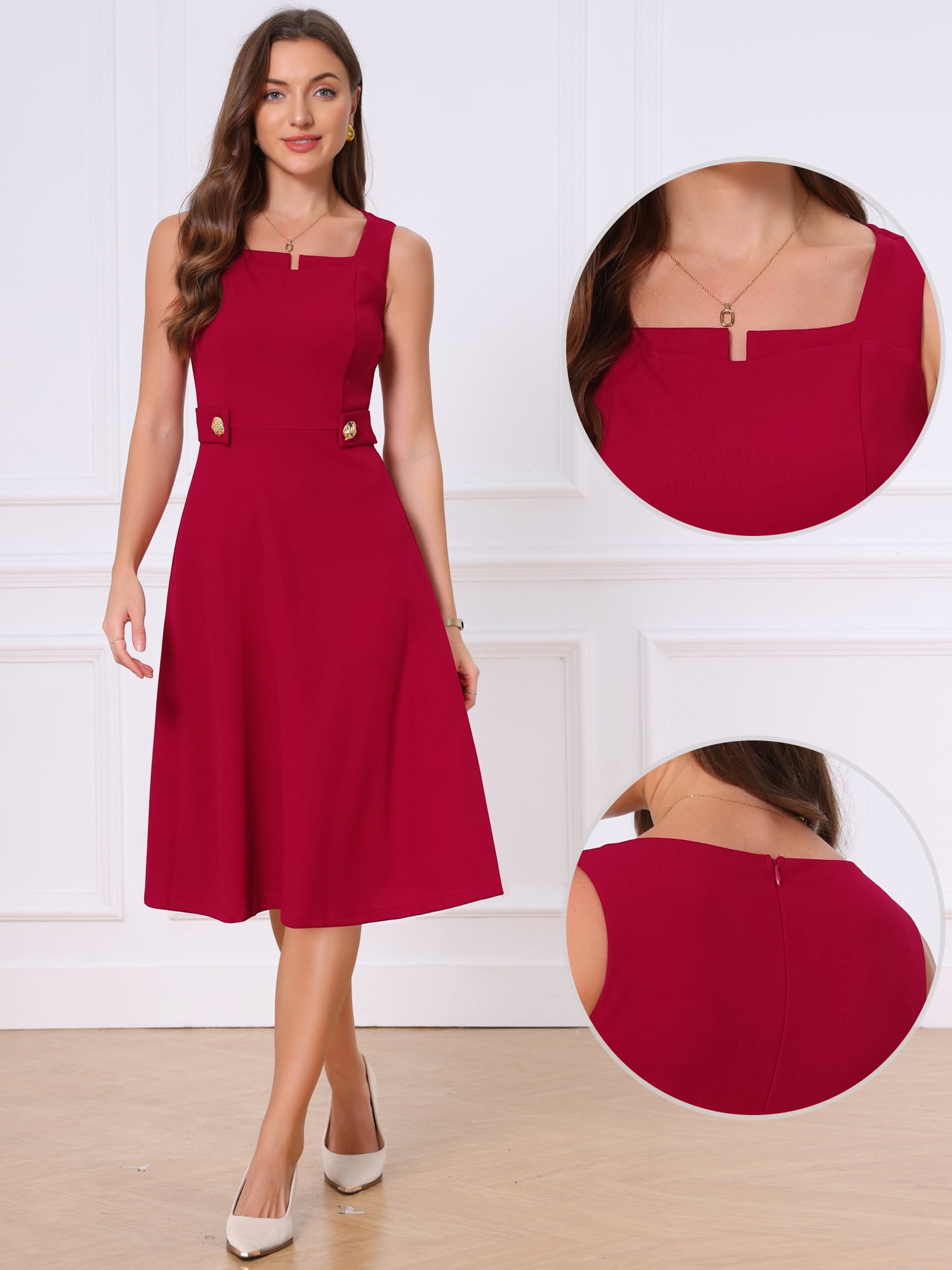DARING DIVA Women's Vintage Sleeveless Regular Square Neck Midi Dress XS Dark Red