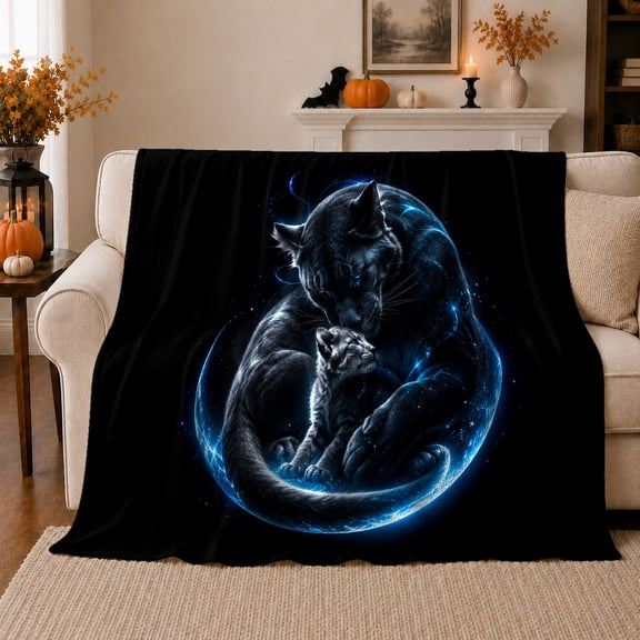 Magical Black Cat Kitten Under Glowing Blue Crescent, Mystical Pet Portrait Pattern, Warm Flannel Blanket for Living Room and Bedroom, Cat Lovers autumn celebration Gift, Pet Lover Home Decor