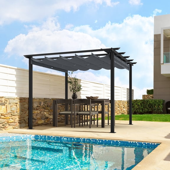 10 ft. x 10 ft. Aluminum Outdoor Pergola with Gray Retractable Shade Canopy