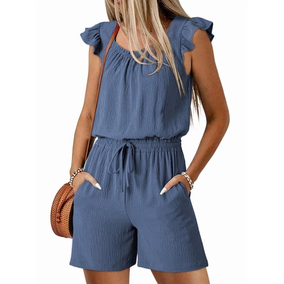 Rompers for Women Summer Ruffle Sleeves Square Neck Drawstring Casual with Pockets Light Blue XL