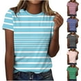 thumbnail image 5 of Women's Stripe Basic T-Shirts Short Sleeve Round Neck Casual Summer 2025 Tee Tops Purple,M, 5 of 6
