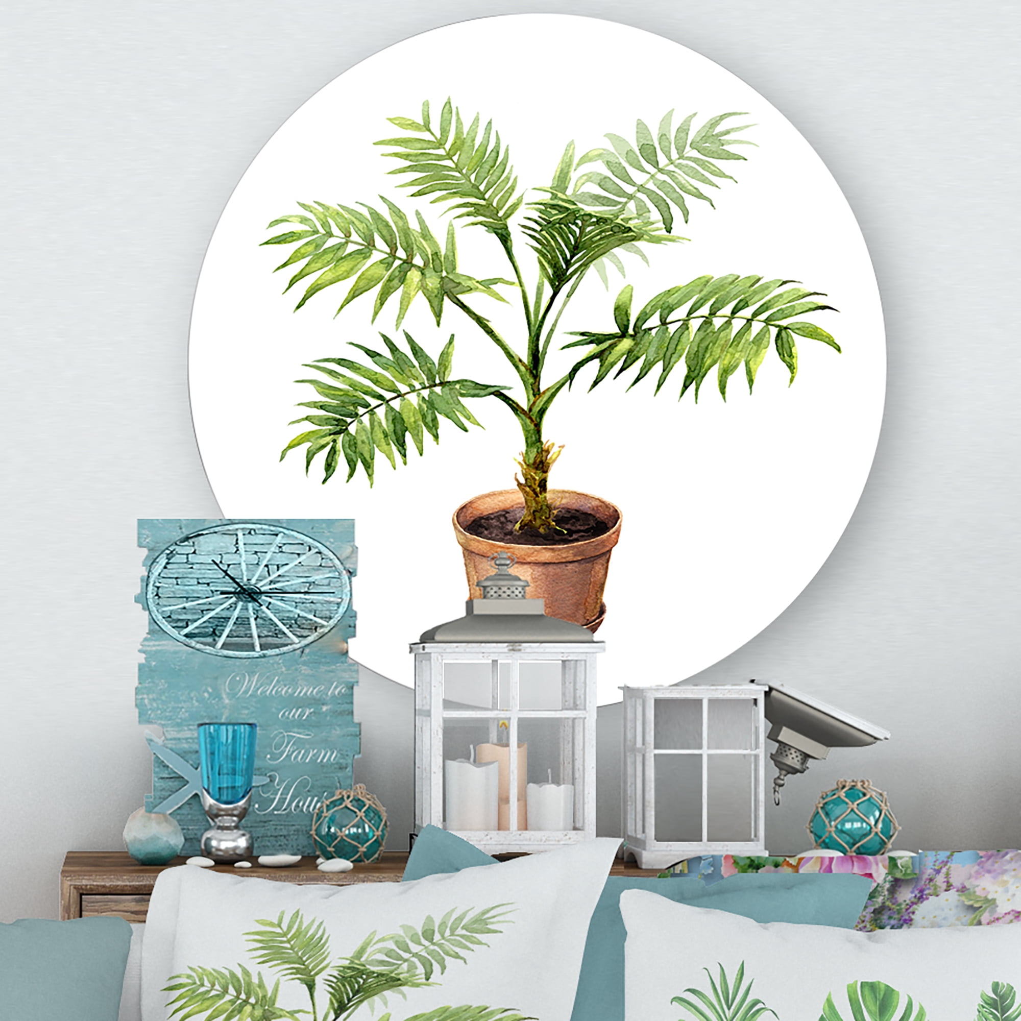 Designart 'Palm Plant In Clay Flowerpot' Traditional Circle Metal Wall Art 23x23 - Disc of 23