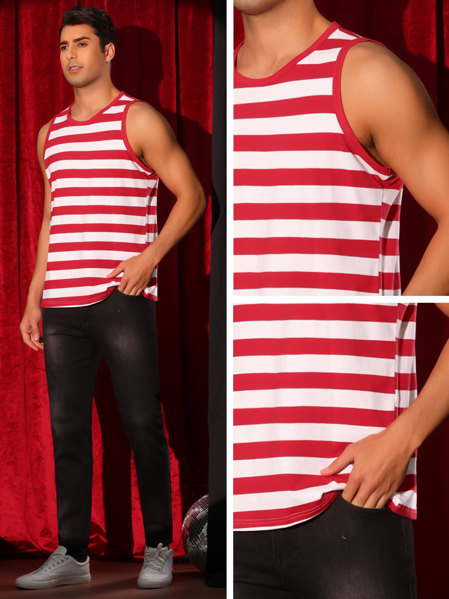 DARING DIVA Men's Stripes Tank Sleeveless T-Shirt Crew Neck Striped Vest M Red White