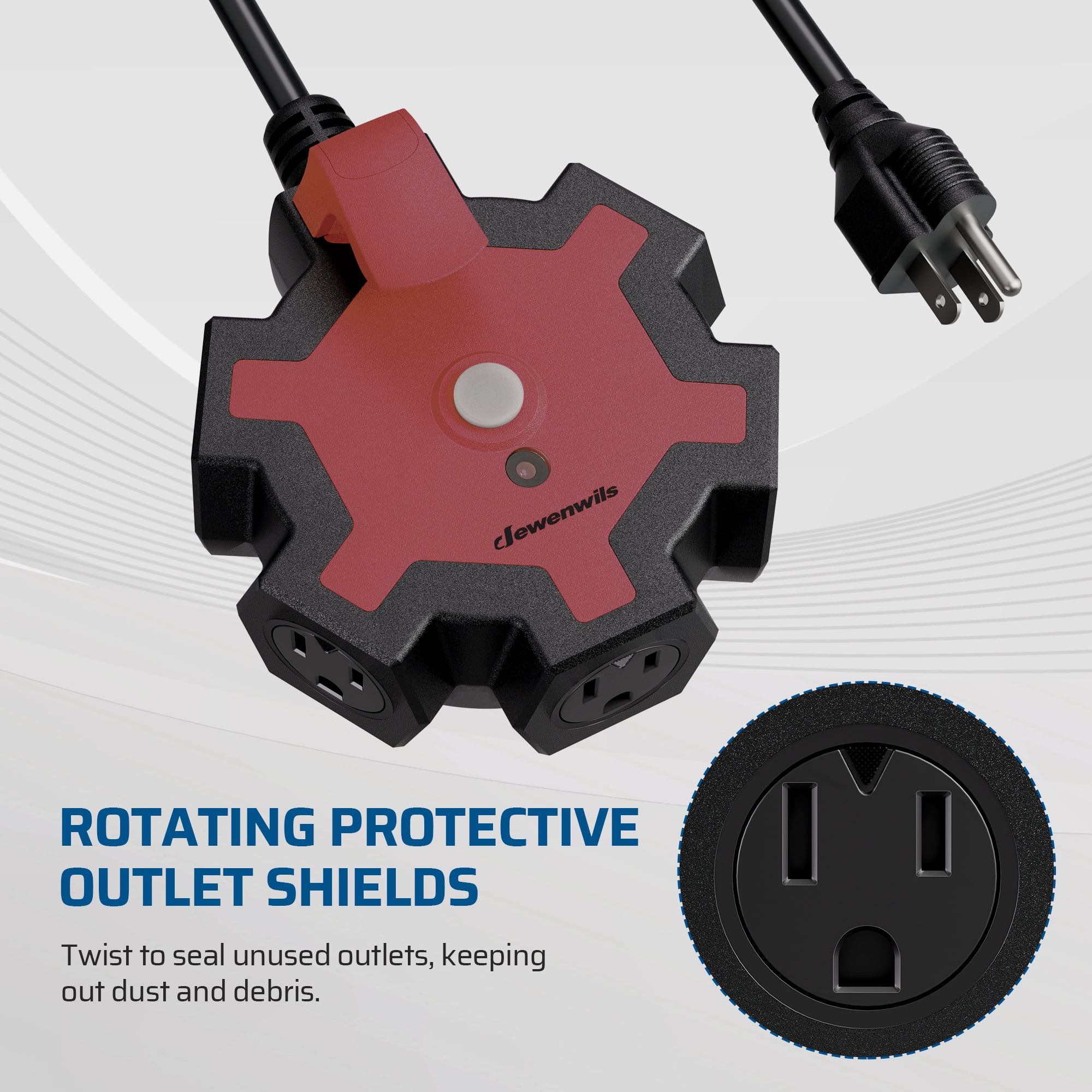 DEWENWILS 20ft Heavy Duty 14/3 Extension Cord with 5 Rotating Outlets, outlet extender, Circuit Breaker, Power Indicator, Red & Black