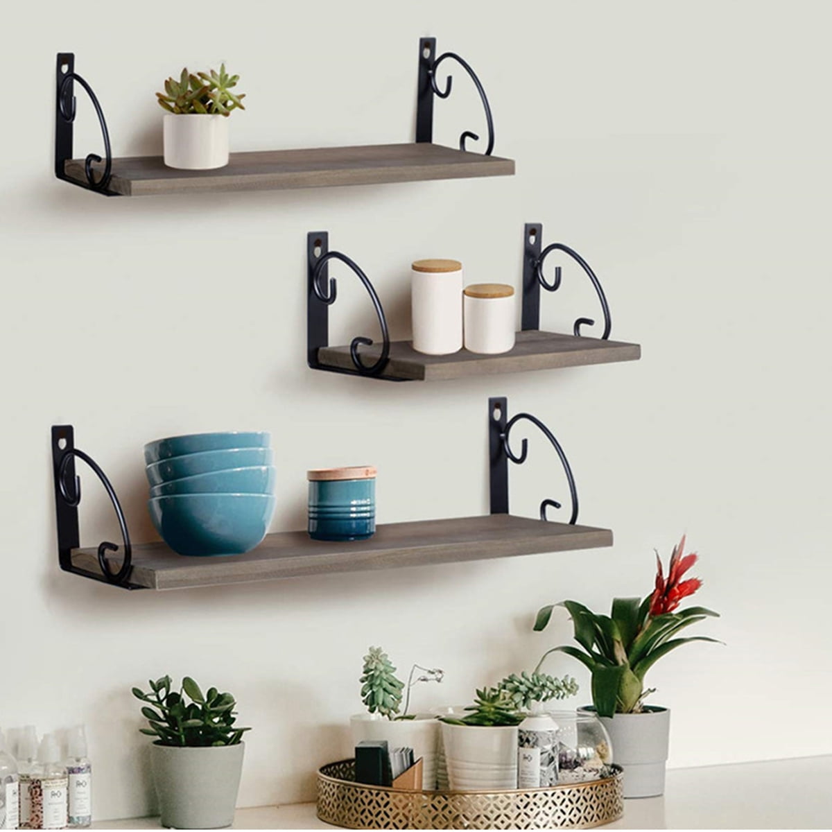 NEX Floating Shelves for Wall Mounted Rustic Wood Wall Shelves Set of 3 