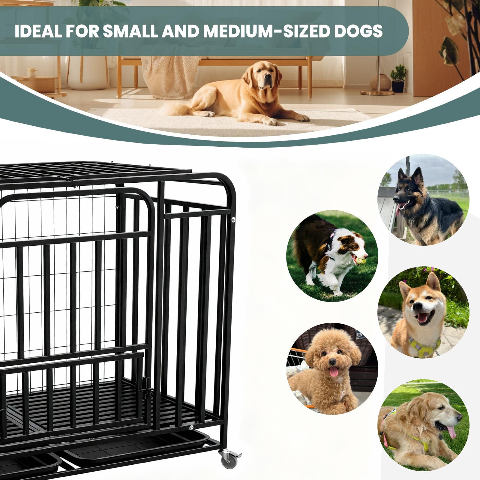 Tanfengu 42 inch Dog Crate with Removable Tray, Heavy Duty Pet Cage with Top & Front Door,Indoor Outdoor Kennel for Medium Dogs,Black