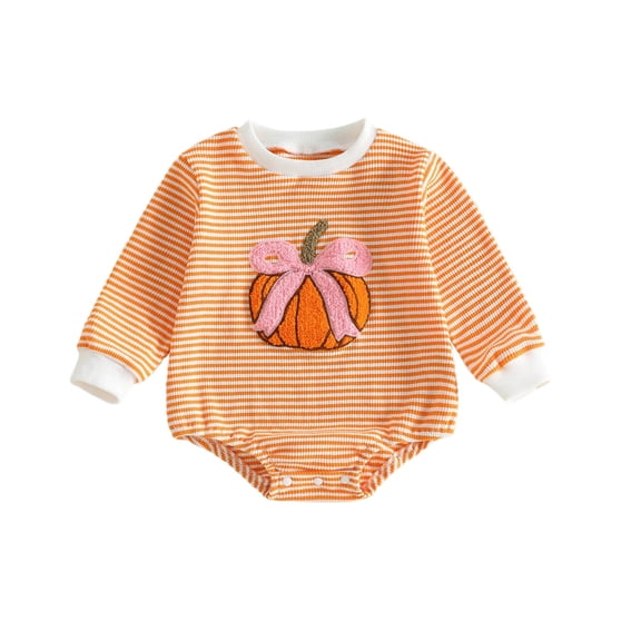 Ulanda Baby Halloween Outfit Newborn Girl Pumpkin Bow Bubble Romper Sweatshirt Infant Bodysuit Cute Fall Winter Clothes (Orange, 3-6 Months)