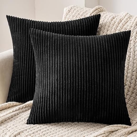 Eryueer Striped Corduroy Fabric Square Throw Pillow Case,Solid Cushion Cover Sham Home for Sofa Chair Couch/Bedroom Decorative Pillowcases 20x20 inch 50x50cm 2 Pieces Black