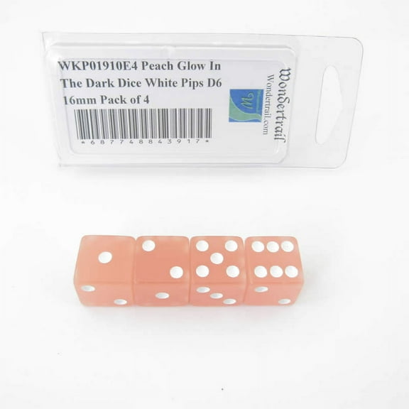 Peach Glow In The Dark Dice with White Pips D6 16mm (5/8in) Pack of 4 Wondertrail