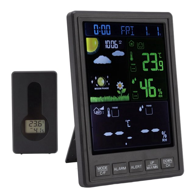 Fyearfly Weather Stations Wireless Indoor Outdoor, Weather Stations Wireless Indoor Outdoor Color Display Black 3 Channels Regulable Backlight Clock Thermometer for Home