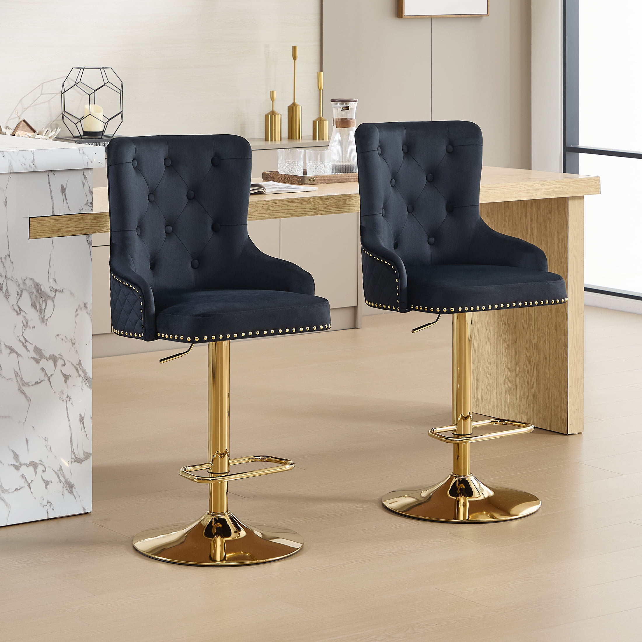 Velvet Gold Bar Stools Set of 2 Modern Counter Height Bar Stools with Lion Pull Ring Tufted Back, Nailhead Upholstered Barstools for Home Kitchen Island, Swivel Adjustable Stool Chair in Black