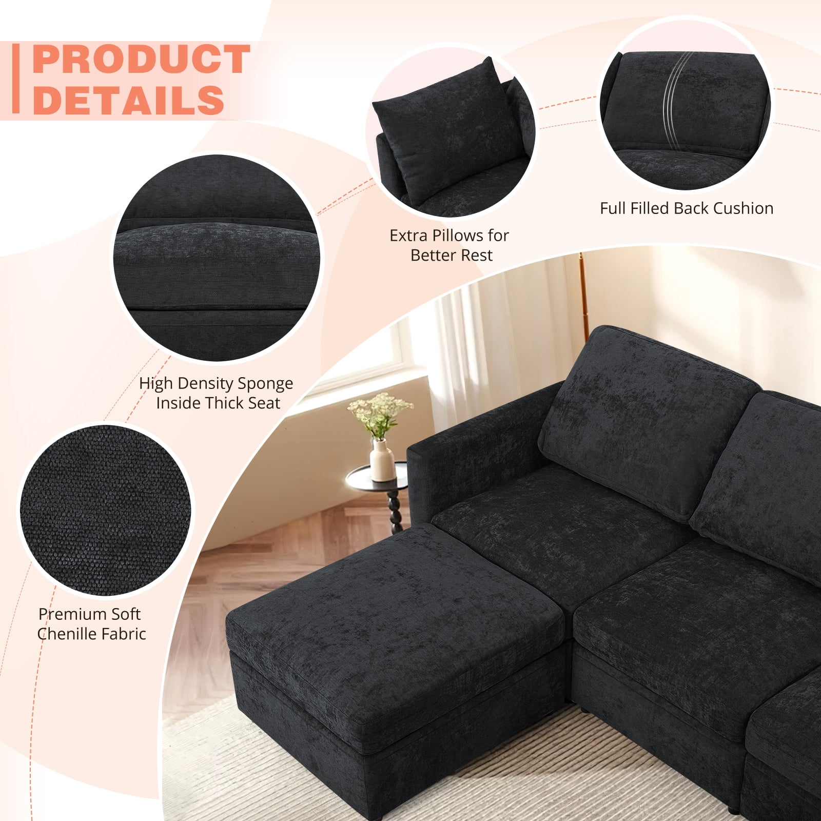 ACMEASE 110” Chenille 4 Seats Sofa W/2 Movable Ottoman, Modern Fabric U-Shaped Couch with Soft Backrest, Upholstered Sectional Sofa with Armrest Pillows for Living Room, Office, Black