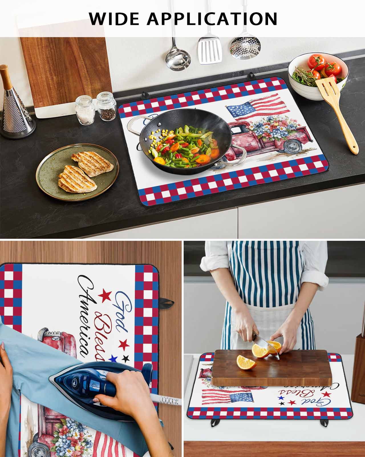 nqOlkjepod Large Induction Cooktop Protector Mat 24"x21", 4th of July Stove Top Covers for Electric Stove, Red Blue Plaid Truck Floral Star Decorative Stove Burner Cover Mats, Glass Top Stove Cover