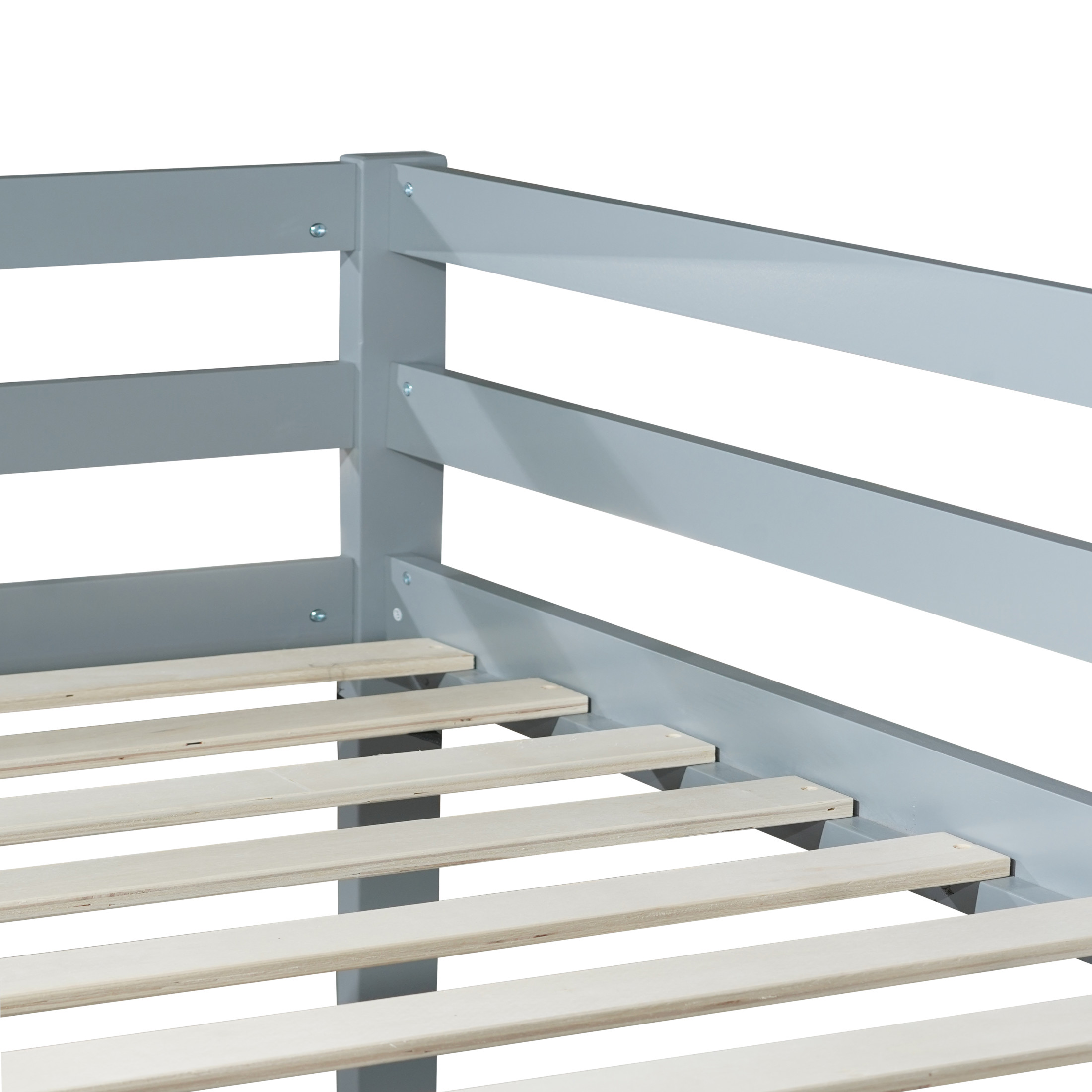 Noble House Alina Twin Over Twin Floor Bunk Bed with Ladder, Solid Rubber Wood Frame with Strengthened Slats, Grey