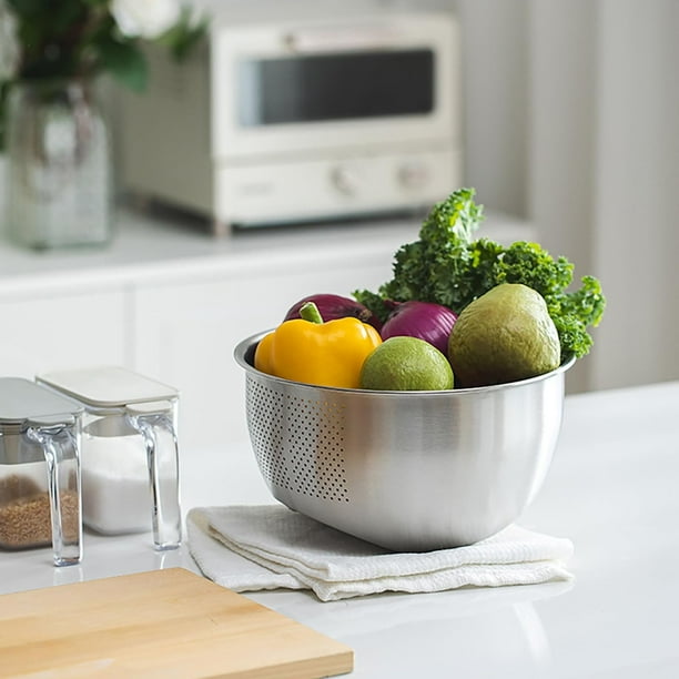 Colador para lavar arroz | Colador de acero inoxidable 304 para arroz, frutas, pasta, granos | Drenaje rápido con orificios de 2 mm | Diámetro 6.29" x altura 4.9" | Cesta multiusos para cocina