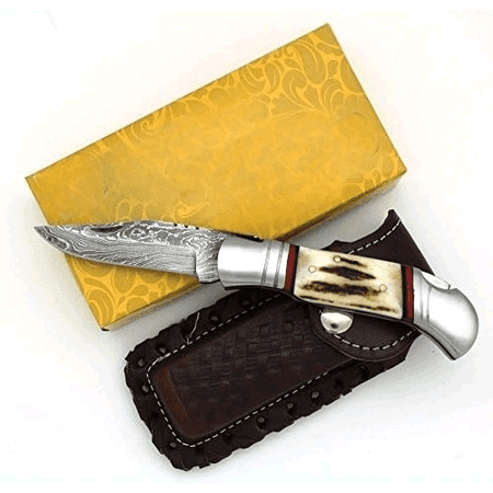 Damascus Collection Stag Horn Folding Knife 8 Overall Hunting Camping Fishing$$Other