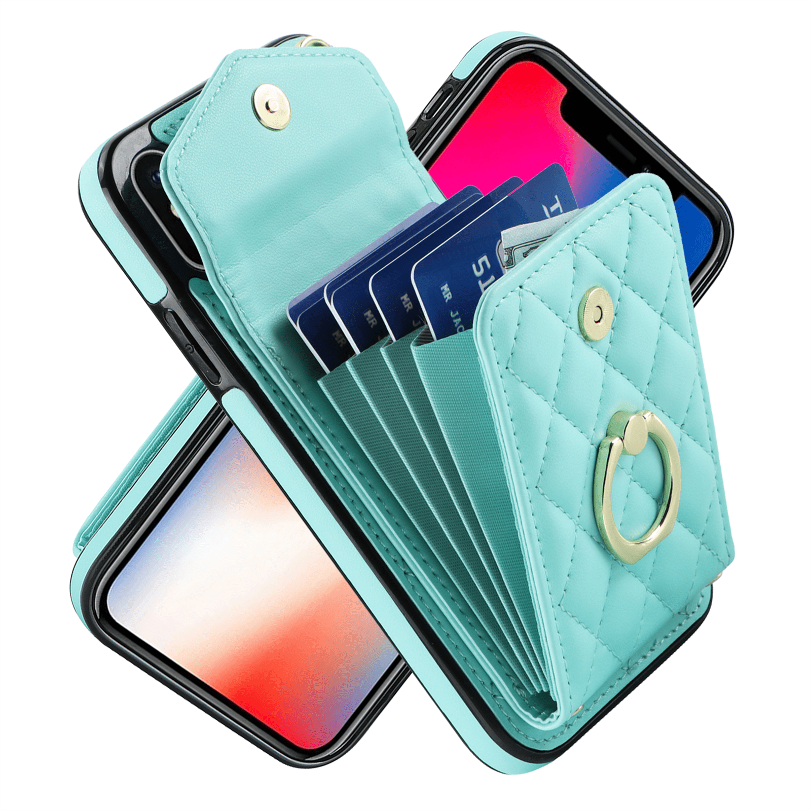 Asuwish Wallet RFID Blocking PU Leather Cell Phone Case with Tempered Glass Screen Protector, Wrist Strap for iPhone XS Max, Teal