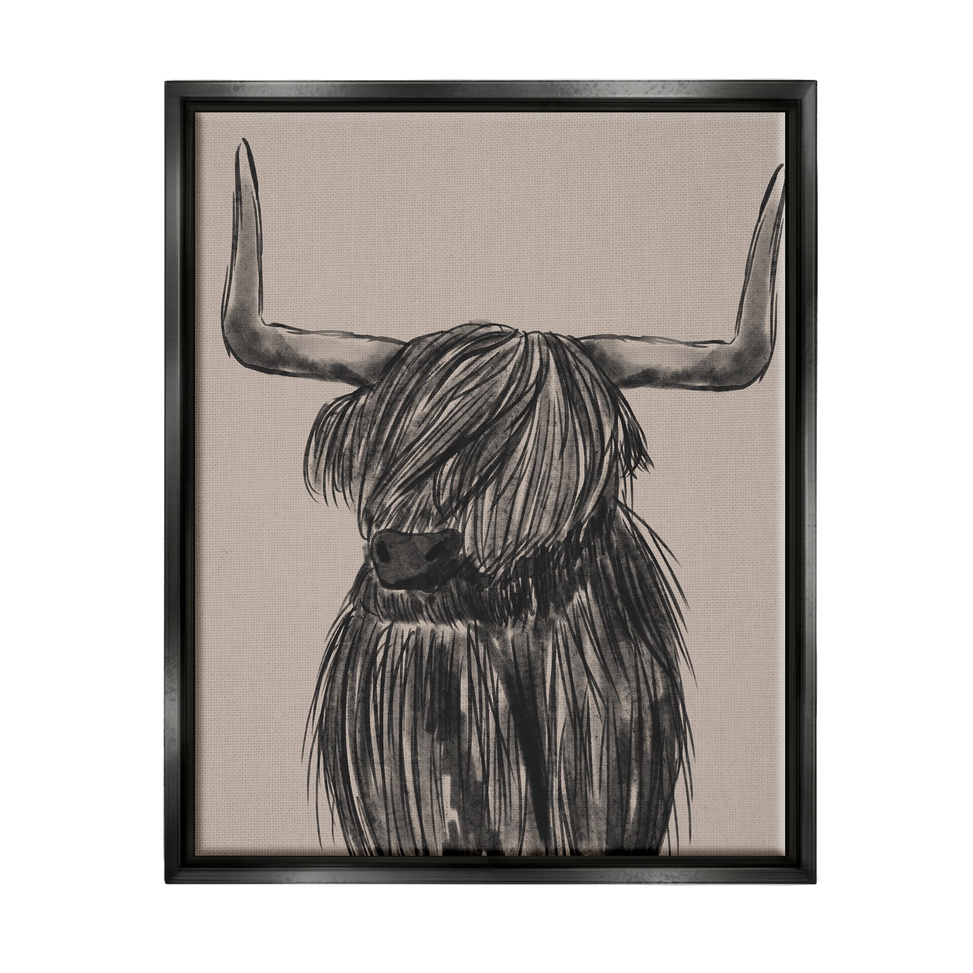 Stupell Industries Longhorn Highland Cattle Charcoal Line Drawing Portrait Drawing Print Jet Black Floating Framed Canvas Print Wall Art, Design by Lisa Whitebutton
