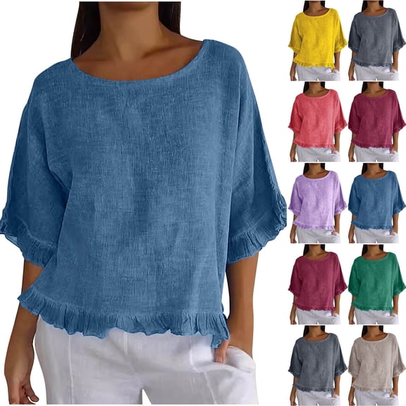 VBVC Women's and Women's Plus Cotton-Linen Top,Ladies Lightweight 3/4 Sleeve Crew Neck Blouse,Summer Ruffle Hem Shirt for Women,Beige,S-2XL