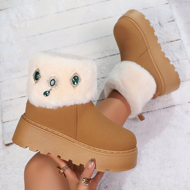 Roncen Women's Winter Snow Boots with Rhinestone Decorations - Thick Platform Plus Size Fur Trimmed Warm Boots for Cold Weather, Comfortable Elevated Slip-Resistant Casual Shoes with Fluffy Lining