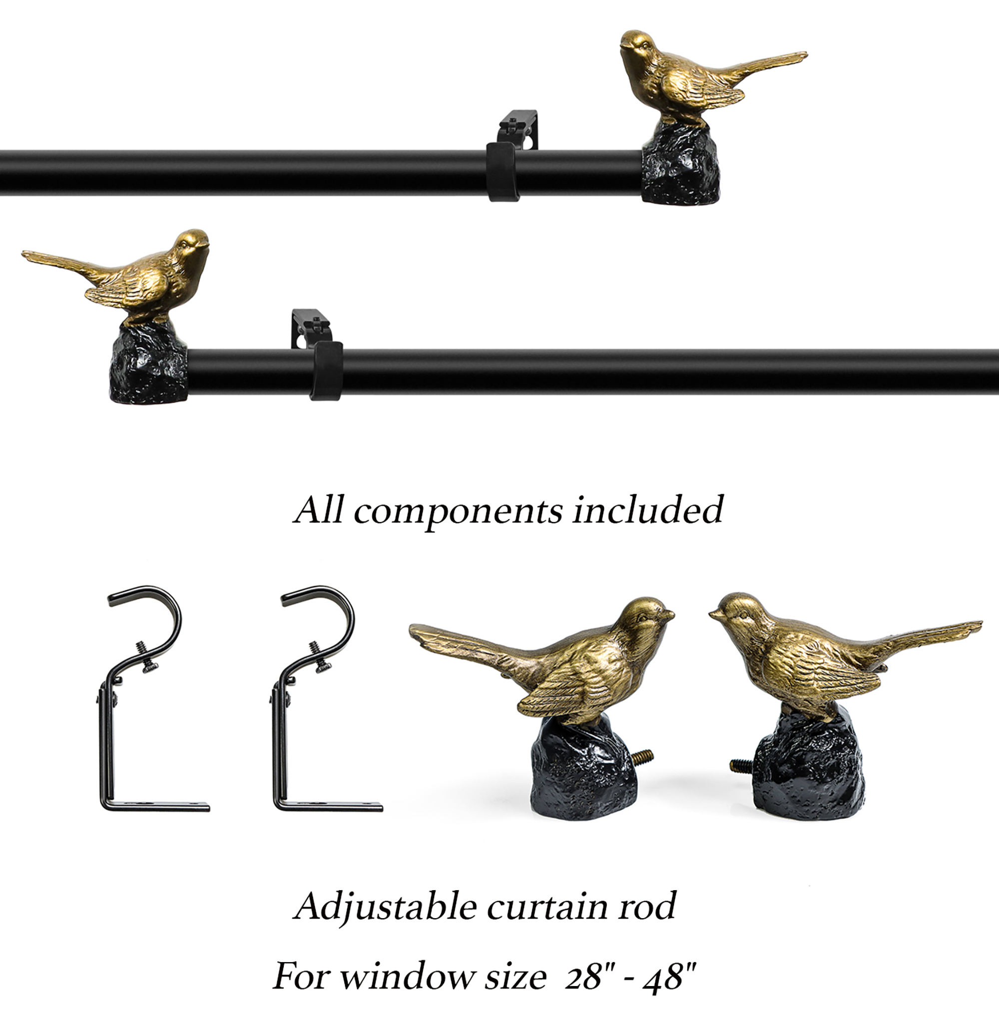 MERIVILLE 1" Single Curtain Rod Set, Adjustable 28-48 Inches, Bird Finials, Renaissance Gold