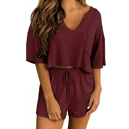 

MAWCLOS Women Drawstring Lounge Sets Straight Leg Summer Pjs Elastic Waist Waffle Joggers Sleepwear Loungwear