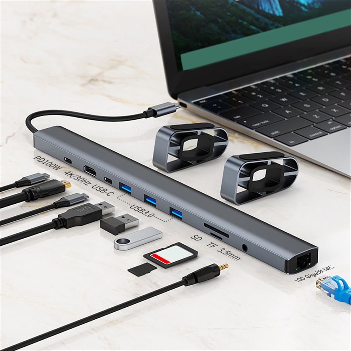 10 in 1 USB C Hub Dock AUX HD-compatible , Laptop Docking Station Folding Tilt Stand Triple Display USB C , 4K, PD 100W, USB 3.0, TF, SD, Audio, RJ45 for MacBook & Windows