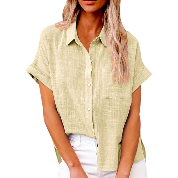 Camisa casual de algodón y lino de manga corta con solapa y botones para mujer, color beige/XL