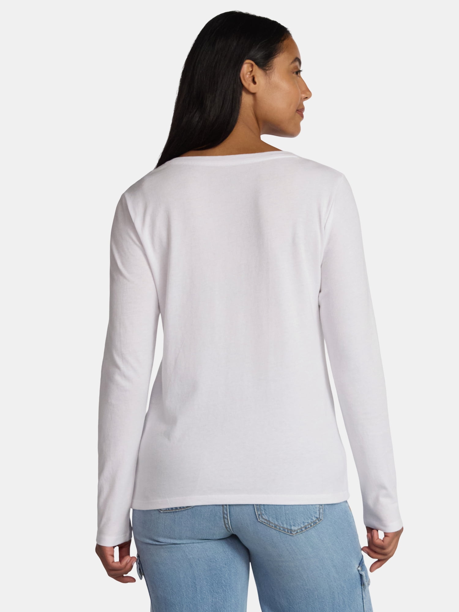 Time and Tru Women's Cotton V-Neck Tee with Long Sleeves, Sizes XS-XXXL