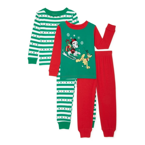 Mickey Mouse Christmas Holiday Toddler Boys Long Sleeve Snug Fit Cotton Pajamas, 4pc Set