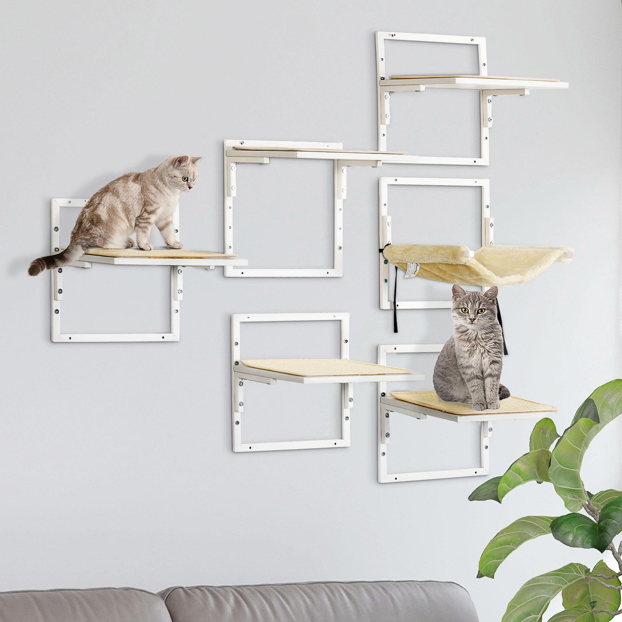 6Pcs Modern Cat Wall Shelves for Indoor Cats, Height Adjustable Jumping Platforms & Cat Hammock, Cat Shelves and Perches for Wall-Mounted Cat Tree, Cat Climbing Shelf Set, Cream