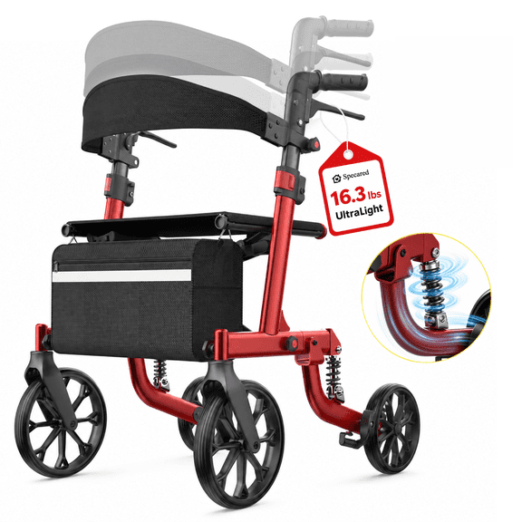 Specared Rollator Walker with Shock Absorbers, 18" Widest Seat Ultra-Lightweight Senior All Terrain Rolling Walker, Hidden Brake Cables 350lbs, Red