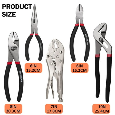 Vivicreate 5-Piece Pliers Set, Heavy-Duty Drop Forged Steel Tools with Groove Joint, Long Nose, Diagonal, Slip Joint & Locking Pliers, Ergonomic Grip for Home, Garage & DIY Repairs