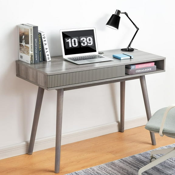 Mid Century Modern Office Desk with Drawer - Simple Writing Desk for Home Office, Walnut