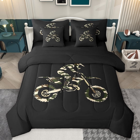 Manfei Camouflage Motorcycle Twin Bedding Sets 7-Piece for Kid, Extreme Sports Lover Bedding Comforter Set, Speed Dirt Bike Reversible Sheet Sets, Breathable Home Decor