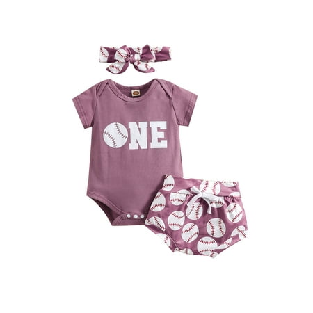 

Frobukio 3Pcs Infant Baby Girls Clothes Sets Letter Print Short Sleeve Romper + Baseball Print Shorts + Headband Purple 2-3 Years