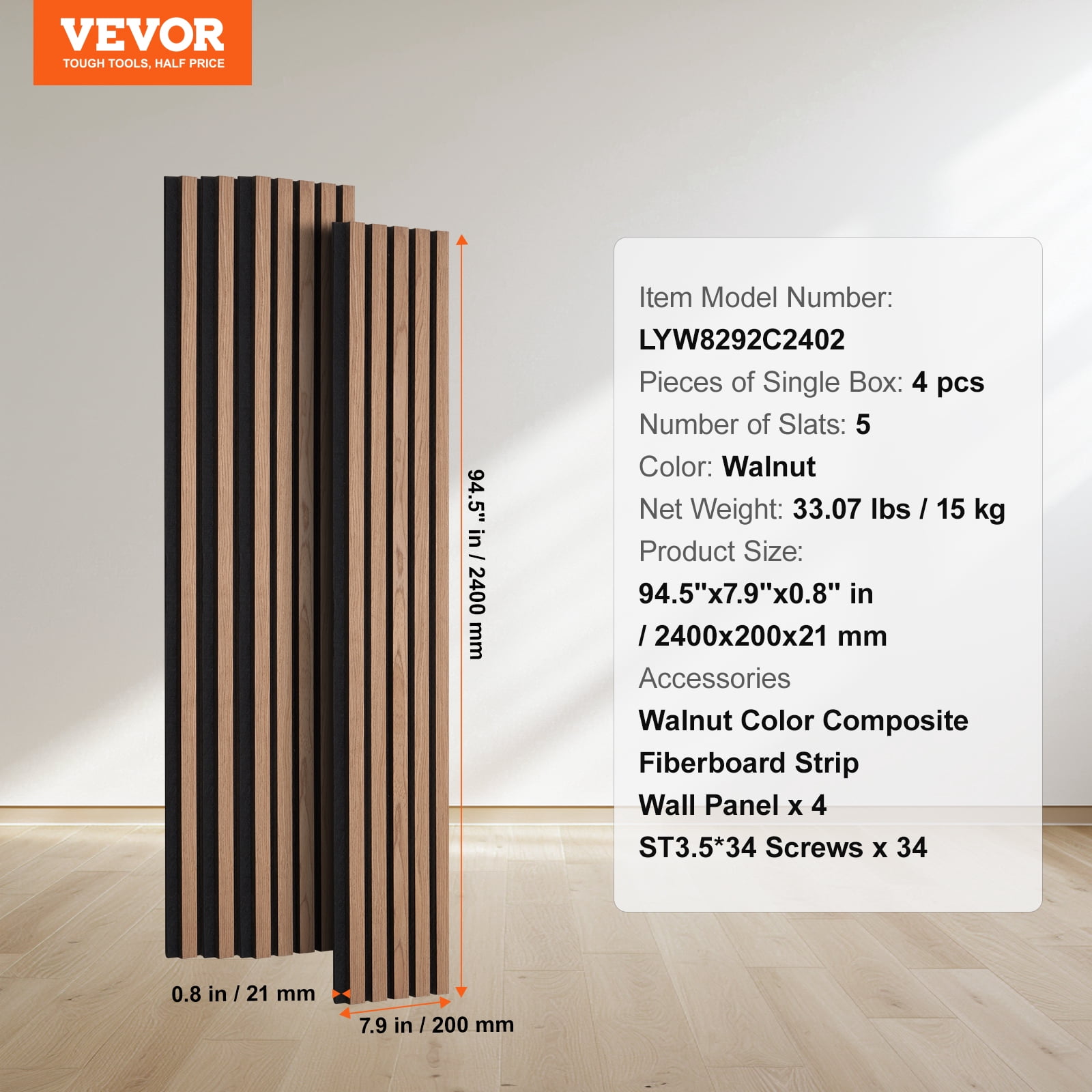 VEVOR Wood Slat Acoustic Panels, 7.9 x 94.5 inch, MDF Accent Wooden Wall Panels for Modern Interior Wall, Faux Wood Wall Board Panels for Stylish Decor and Noise Reduction, Walnut